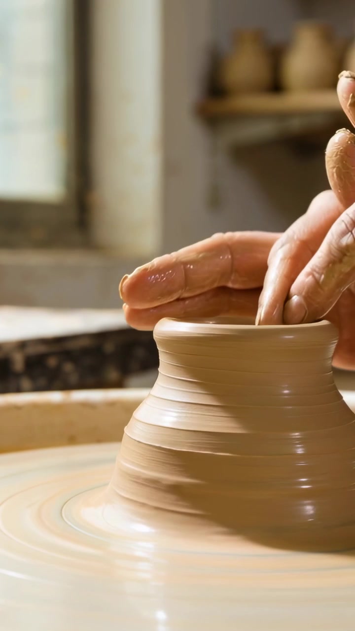Video verticale: Tornio da vasaio che guida le mani di un artigiano mentre rifinisce il bordo di un vaso di argilla in studio