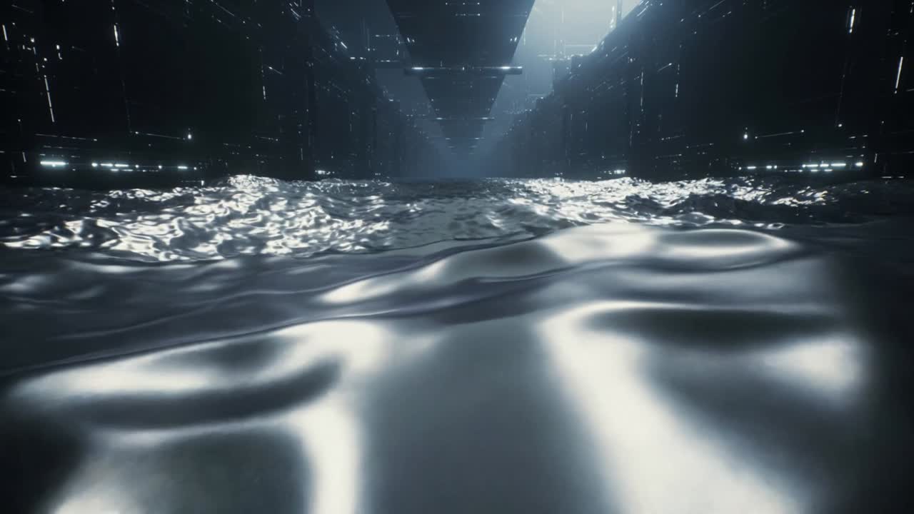 Gliding camera showing shiny water surface rippling in dark metallic corridor toward bright opening