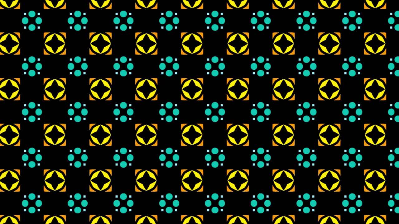 혼합 패턴 원본 디자인 및 디지털 드로잉 추상 배경 애니메이션 오른쪽 검정, 노랑, 아쿠아마린 기하학적 모양 스크롤