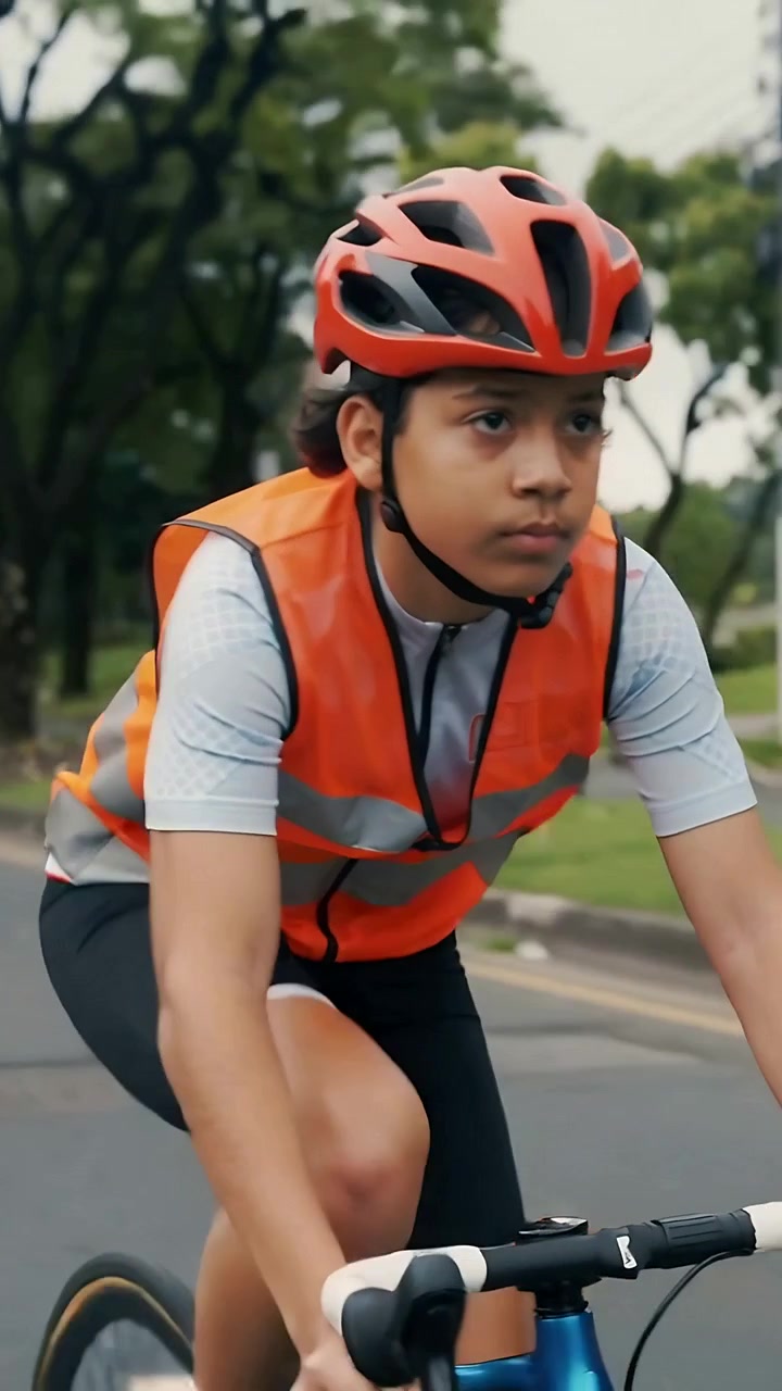 Video verticale: Ciclista in sella con casco arancione e gilet sulla strada, guarda a sinistra e si ricentra per sicurezza.