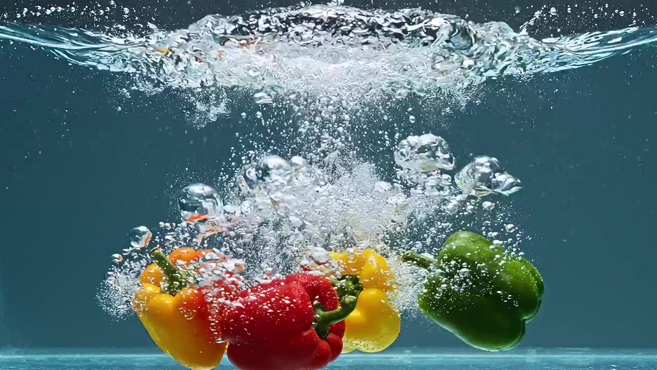 rote und grüne Paprika, die ins Wasser spritzen