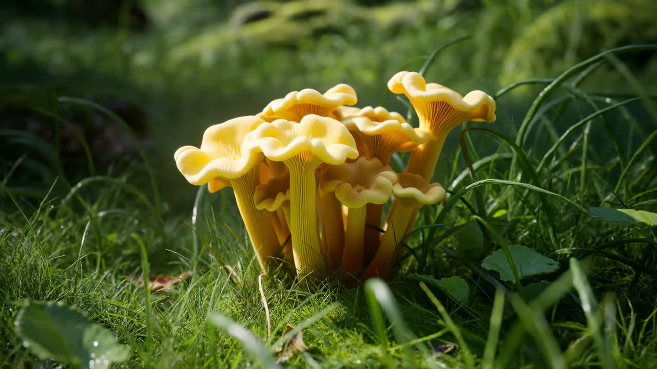 Vibrant Yellow Mushrooms Growing in Lush Green Forest Moss