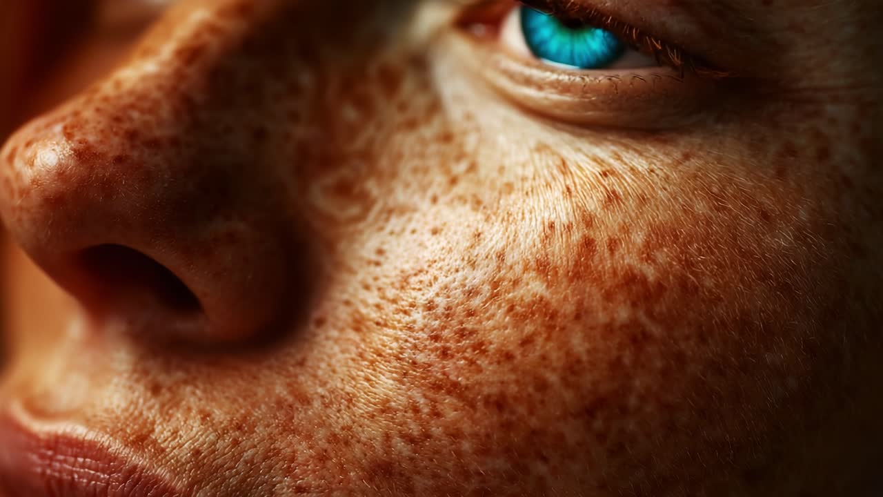 Captivating Close-Up of a Freckled Face Emphasizing the Unique Beauty of Skin Textures and an Intense Eye Color, Highlighting Natural Features and Individuality