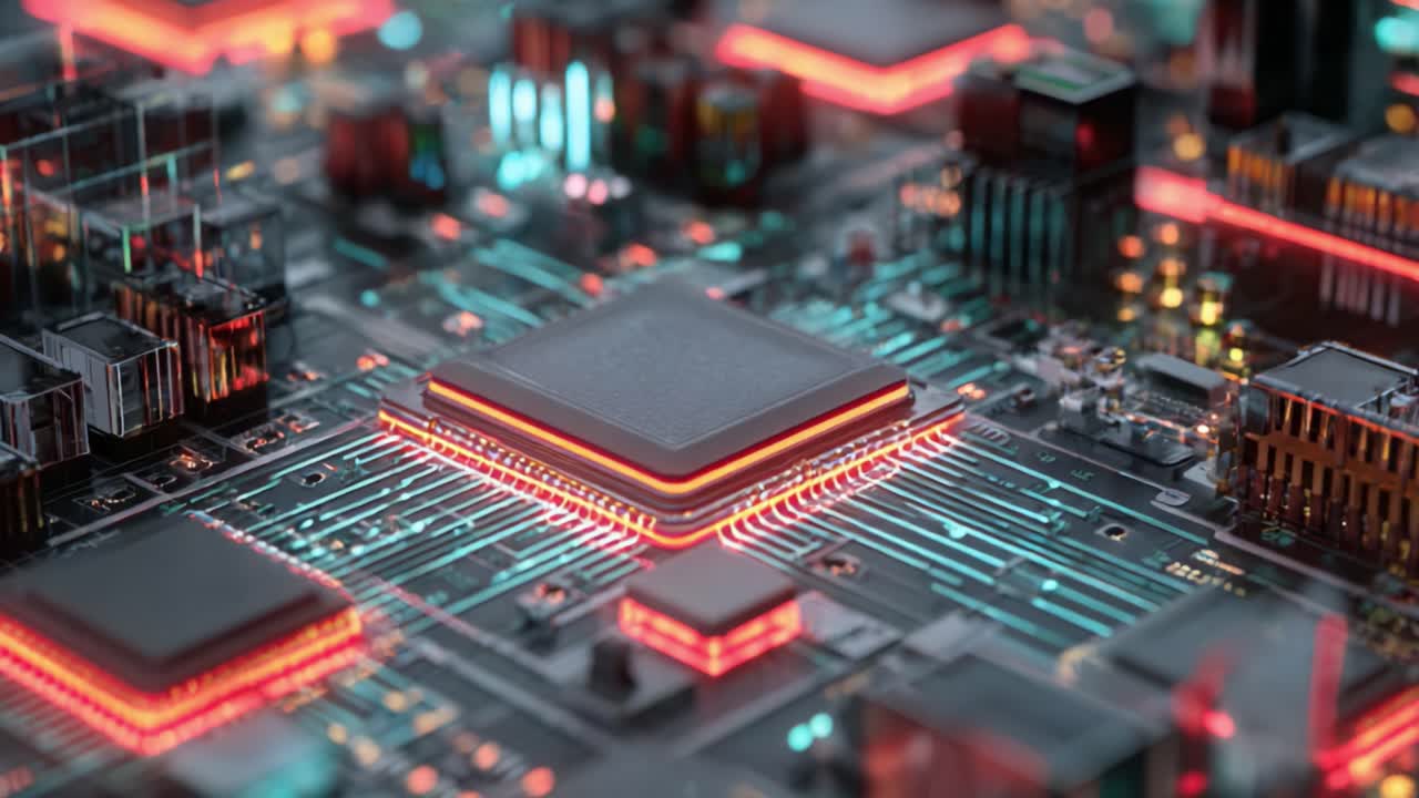 A Stunning Close-Up of a Futuristic Circuit Board with Illuminated Microchips and Intricate Connections Highlighting Modern Technology and Design