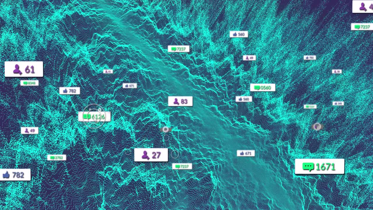 Animation of social media icons and numbers over green pattern