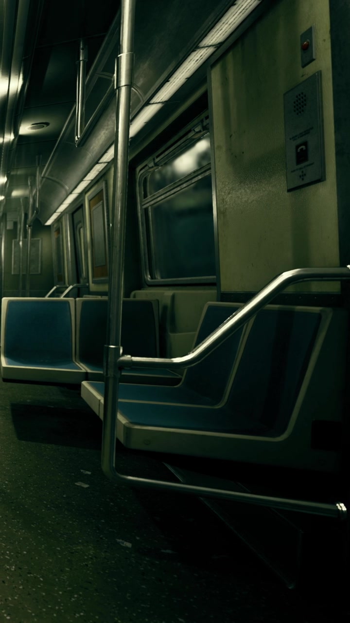 Interno vuoto di un treno della metropolitana con sedili blu e argento in un ambiente buio.