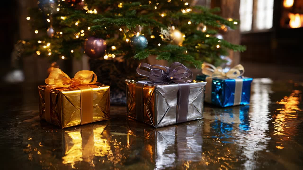 Una splendida esposizione di regali festivi sotto un albero di Natale scintillante, catturata in due immagini che mostrano i colorati regali che portano gioia e attesa durante le feste.