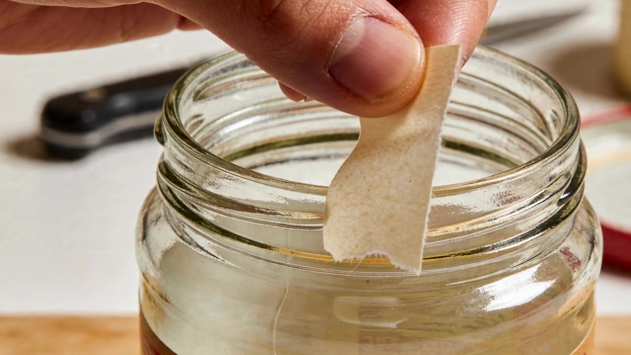 Entering right hand pinching paper strip, pulling and removing seal from glass jar on wooden board