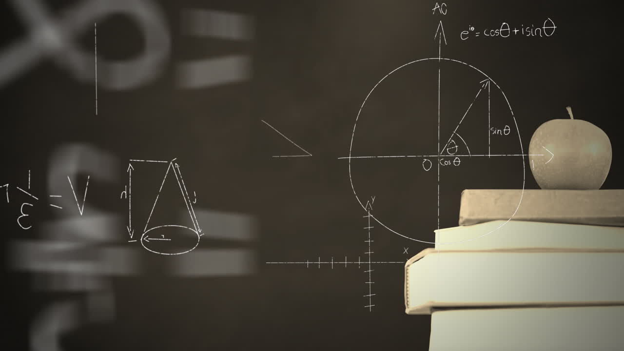 una manzana en la parte superior de una pila de libros y ecuaciones matemáticas y gráficos en monocromo
