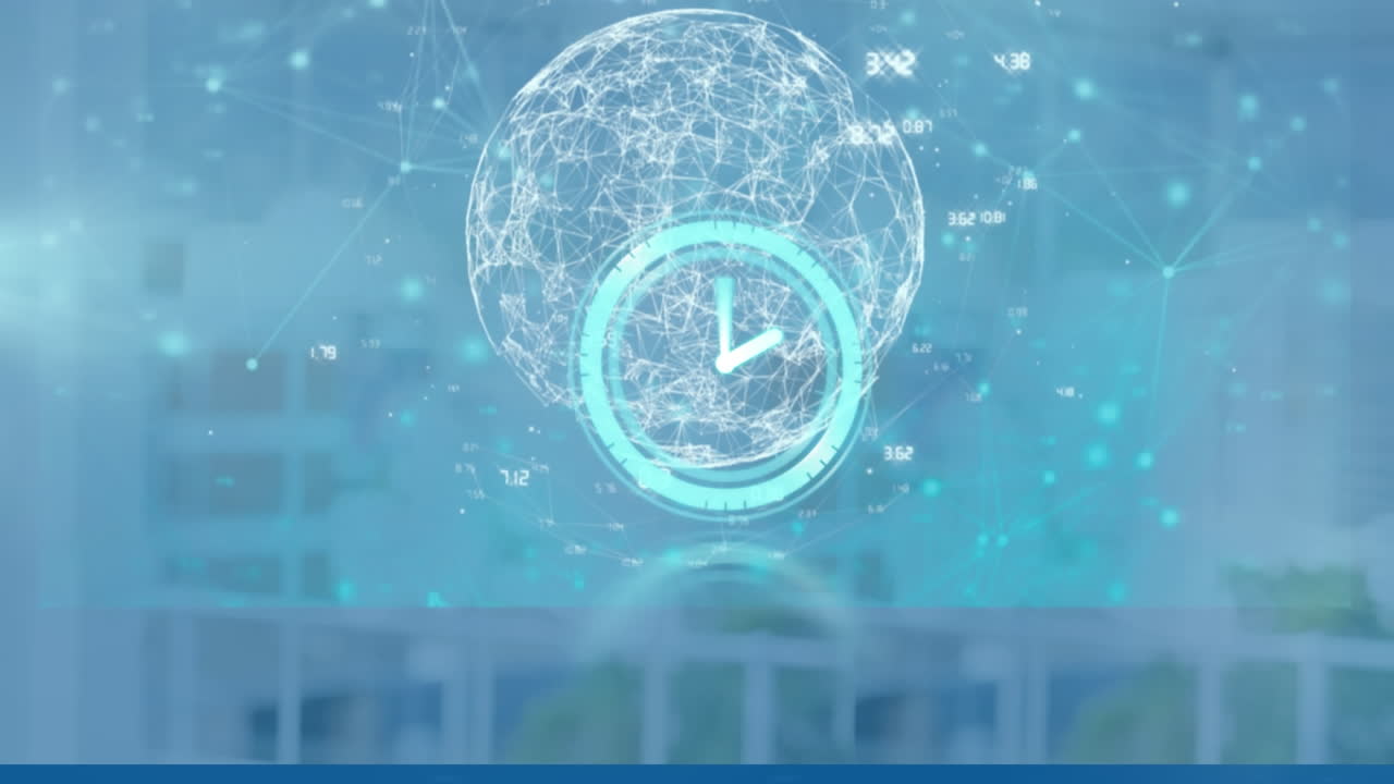 비어있는 사무실에서 시계와 데이터 처리의 애니메이션