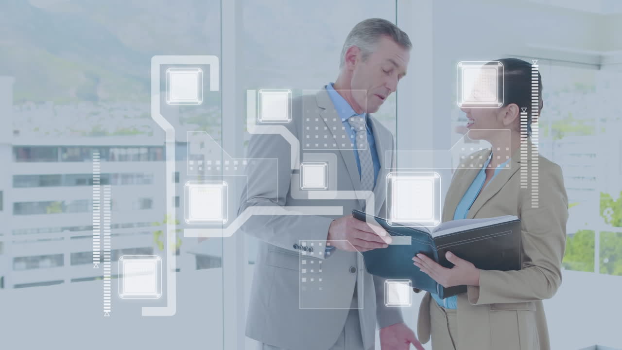 анимация обработки финансовых данных над кавказскими бизнесменами, разговаривающими