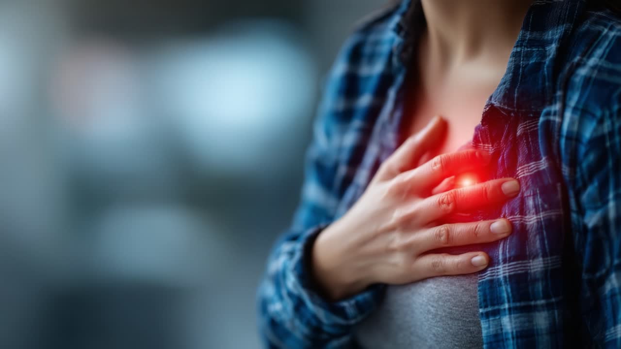 A close-up of a person's hand over their chest, highlighting a glowing indicator, suggesting feelings of pain or emotional distress, captured in a softened, blurred setting