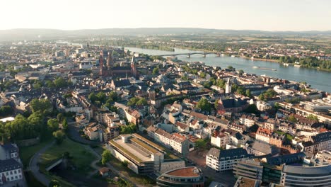 Mainz-sunny-summer-drone-shot-with-the-Dome-old-town-city-and-the-river-in-the-back-from-an-aerial-view