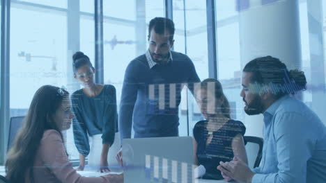 animation of data processing over diverse colleagues discussing together over laptop at office
