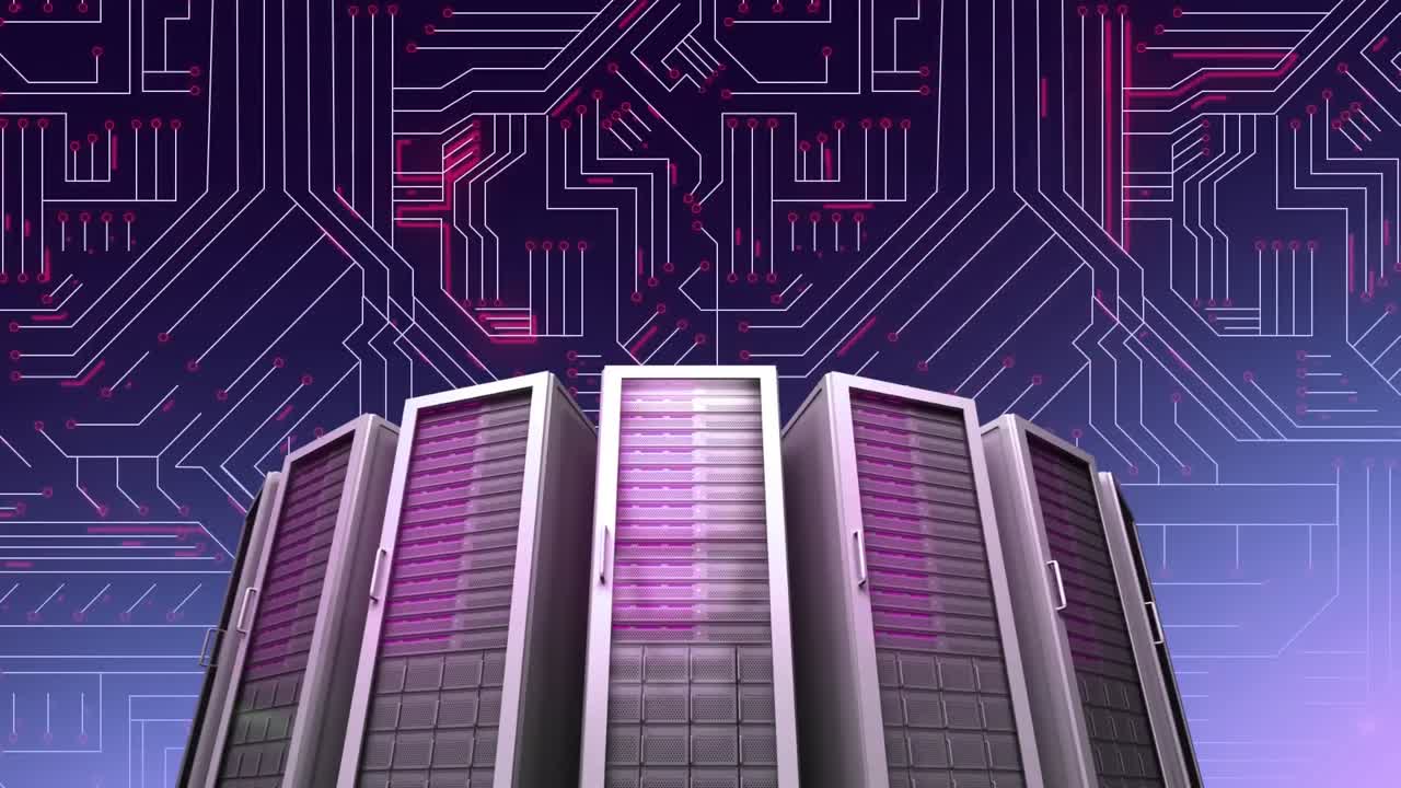 Computer servers on circuit board with purple background