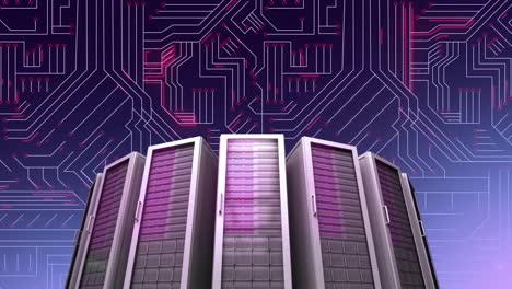 computer servers on circuit board with purple background