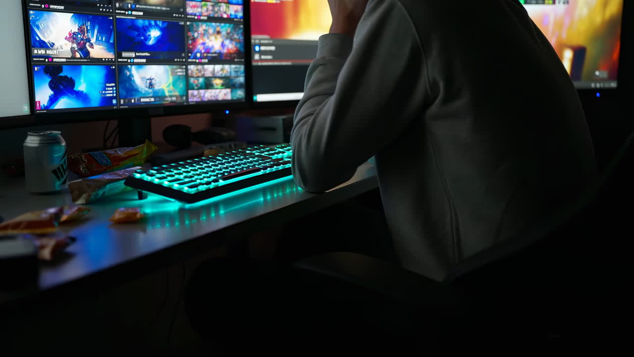 Streamer notturno alla tastiera illuminata, Feed di gioco multischermo, Piegato in avanti con la mano sul mento, Felpa con cappuccio