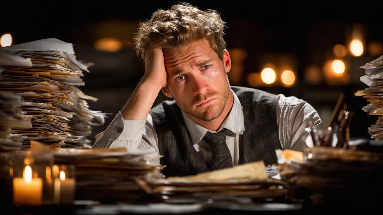 A Frustrated Man Surrounded by Paperwork and Candlelight, Capturing the Weight of Stress and Exhaustion in a Dimly Lit Office Environment