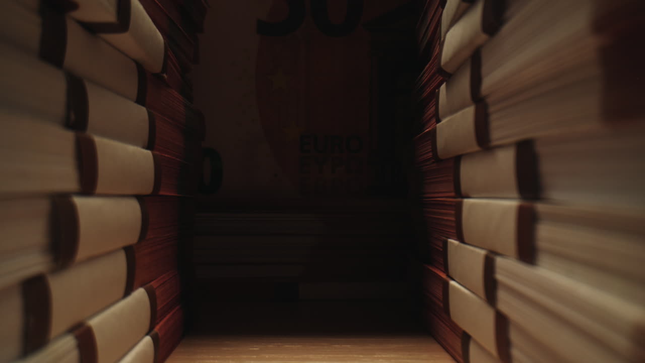Pile di banconote in dollari ed euro, conteggio di banconote, agente di polizia specializzato che conta banconote in dollari ed euro in laboratorio forense con macchina, denaro incassato, cambio di bitcoin, acquisto di un immobile in banca