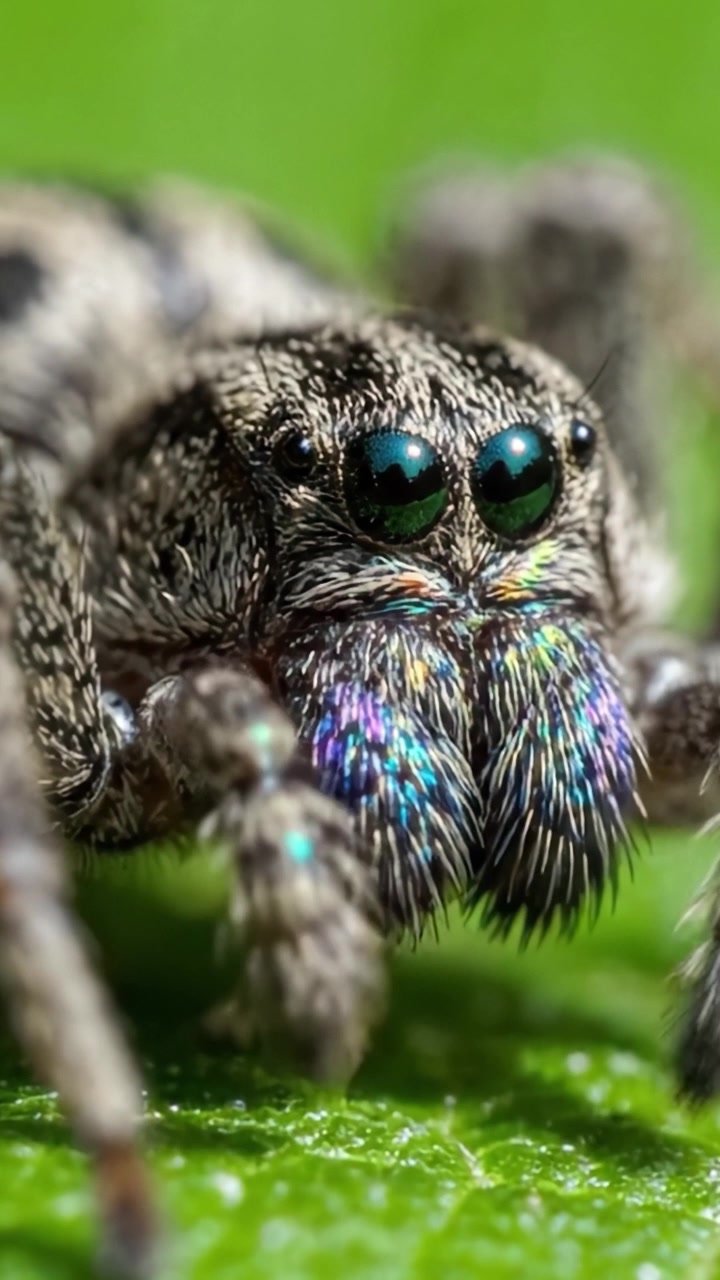 Primo piano di un ragno colorato con zanne iridescenti e occhi distintivi, catturato in macrofotografia su uno sfondo verde foglioso.