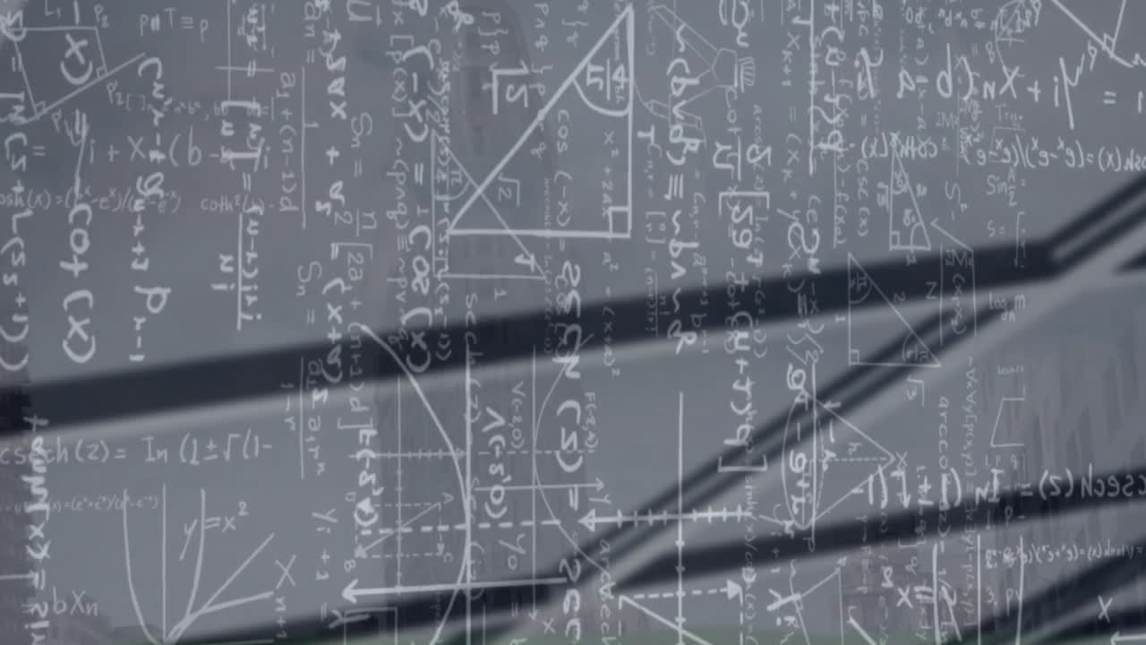 Animation of mathematical data processing over grey background