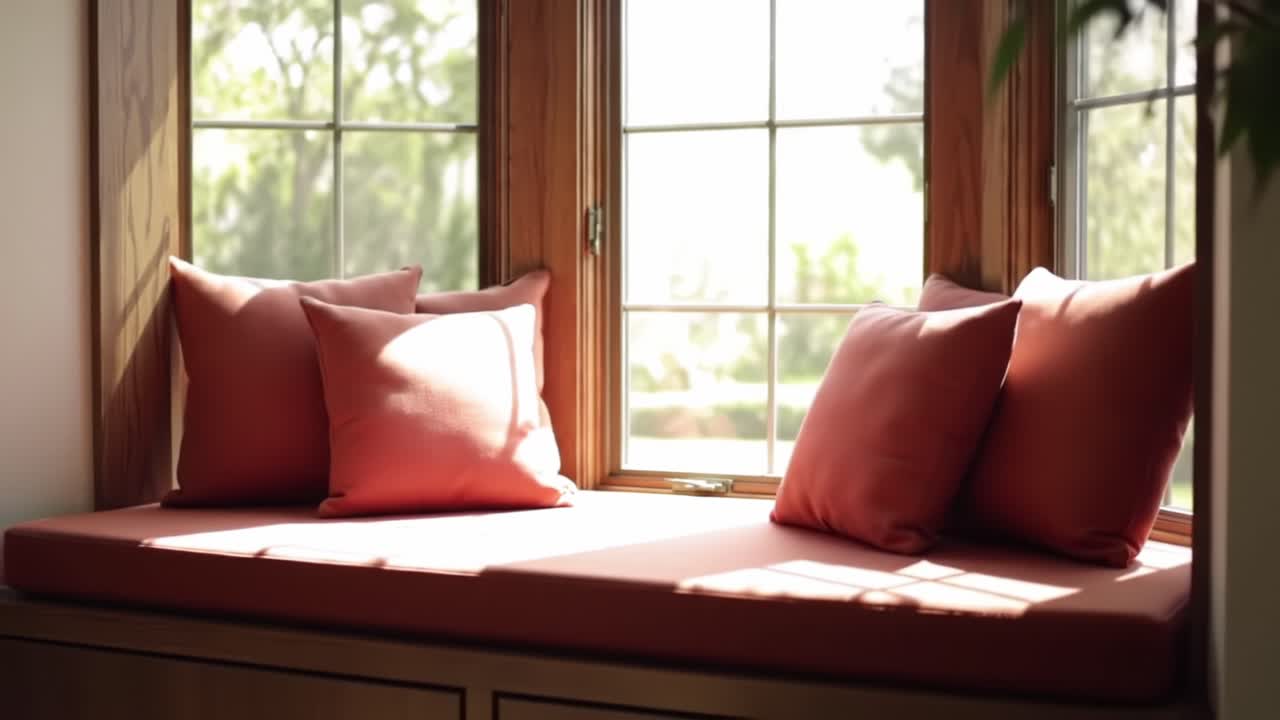 A Cozy Window Seat Bathed in Soft Natural Light Showcasing Plush Cushions and a Serene Outdoor View