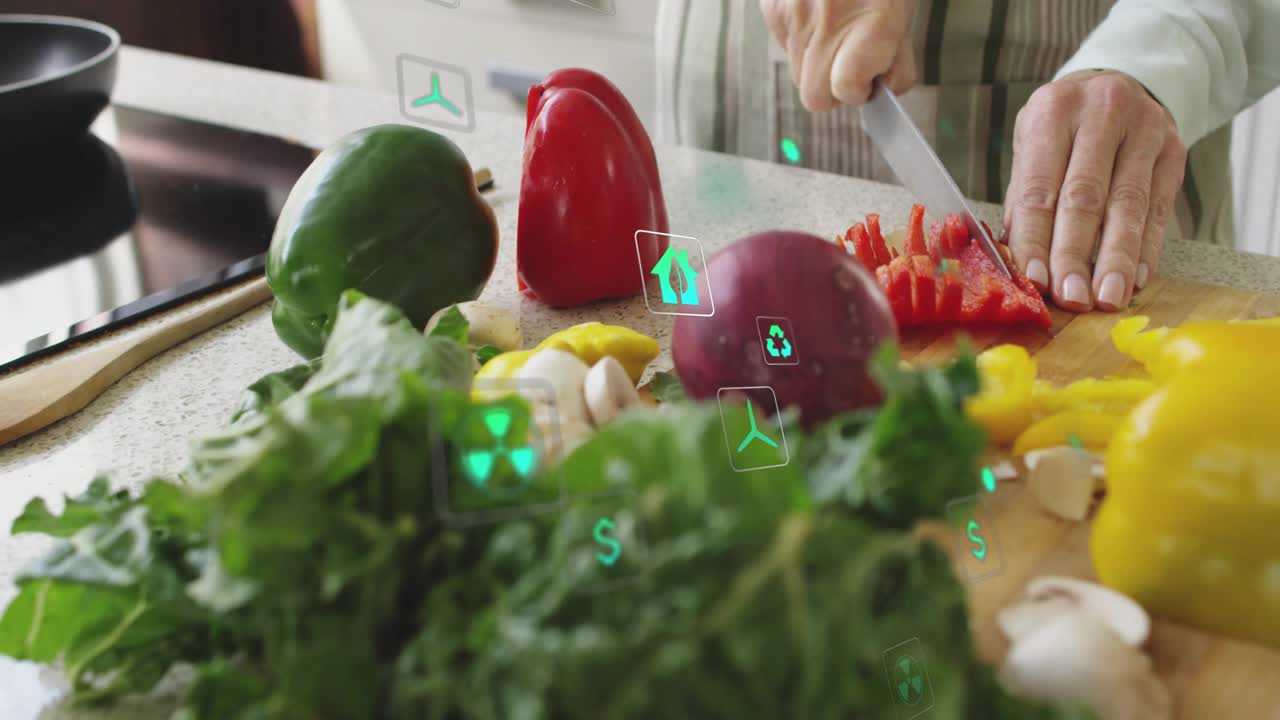 Woman grabbing knife slicing bell pepper as holographic icons reacting to each cut preparing meal