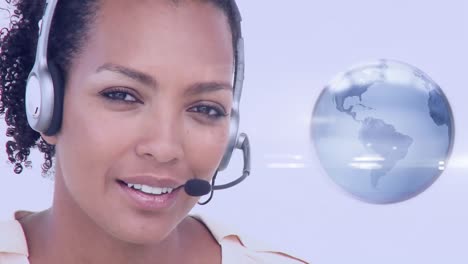 Animation-of-globe-with-network-of-connections-over-businesswoman-using-phone-headset