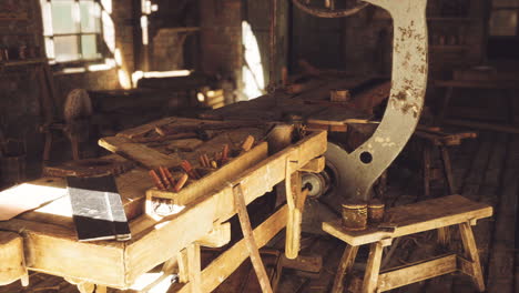 crafting tools and old machinery in a rustic workshop filled with sunlight