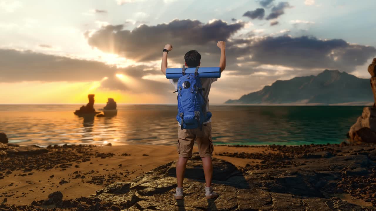 Full Body Back View Of A Male Hiker With Mountaineering Backpack Screaming Goal Celebrating The Success on Beach