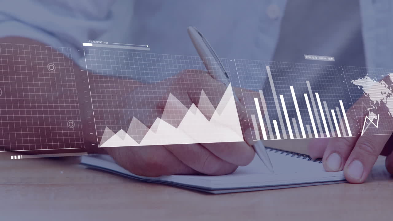 animación del procesamiento de datos financieros sobre las manos de un empresario caucásico tomando notas en la oficina