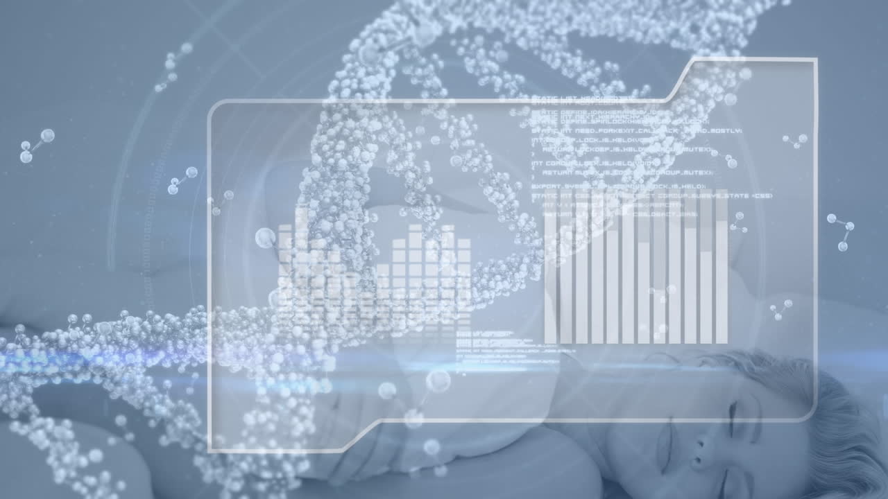 animación de nucleótidos y hélice de adn, círculos y gráficos sobre mujer caucásica durmiendo en la cama