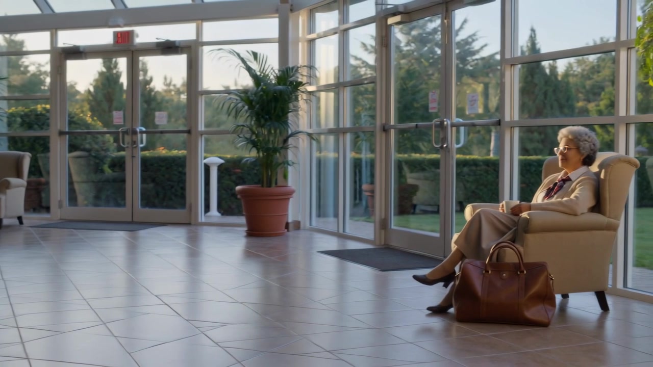 Panning camera showing senior woman sitting in lobby gazing outside, tan with brown bag, copy space