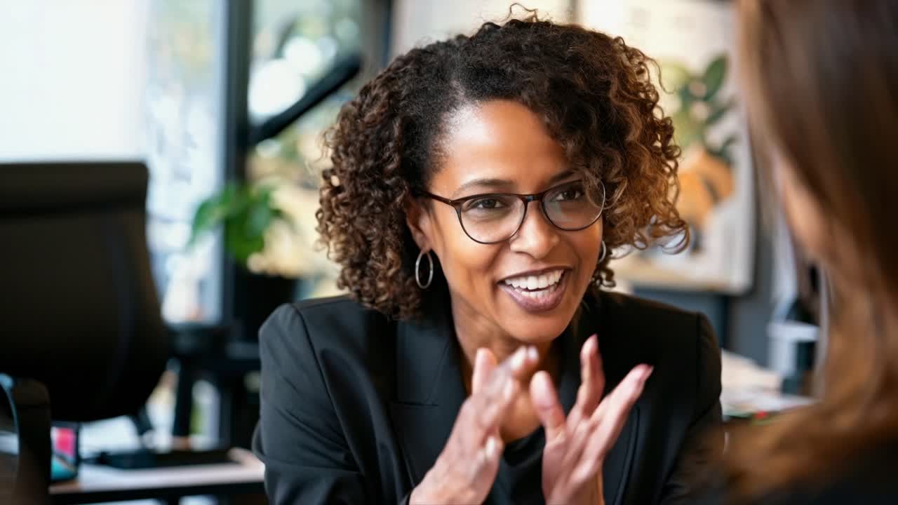 Video of a professional woman engaging in a lively conversation in an office setting