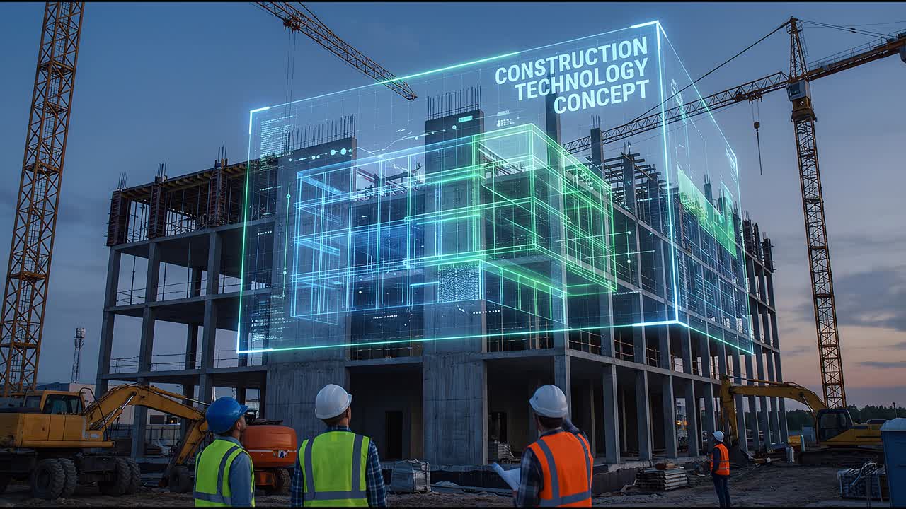 Engineers viewing holographic building model at construction site with cranes and machinery
