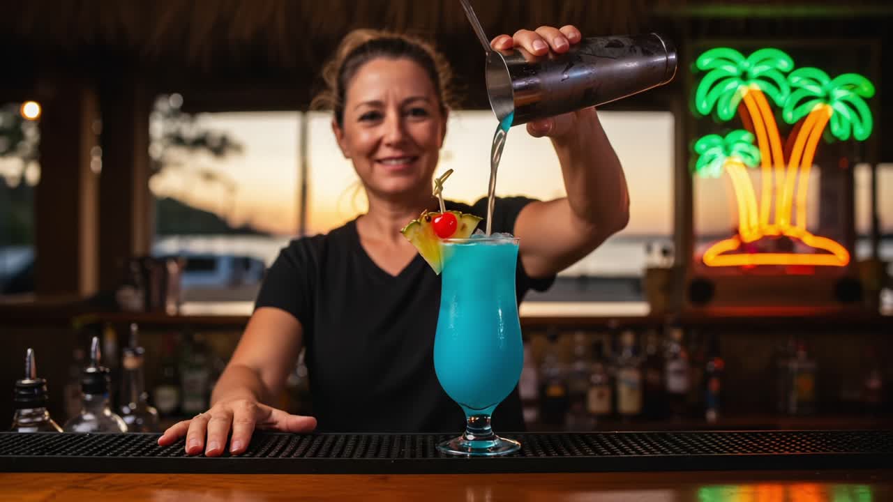 Un barista esperto versa con maestria un vivace cocktail blu, guarnito con una ciliegia e un ananas, mettendo in mostra l'arte della mixology in un ambiente bar tropicale