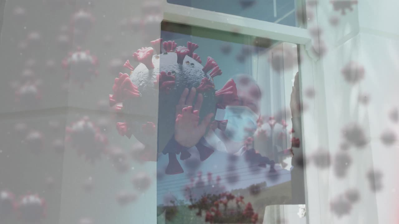 얼굴 마스크를 쓰고 손을 흔드는 고위 백인 남성 위에 바이러스 세포의 애니메이션