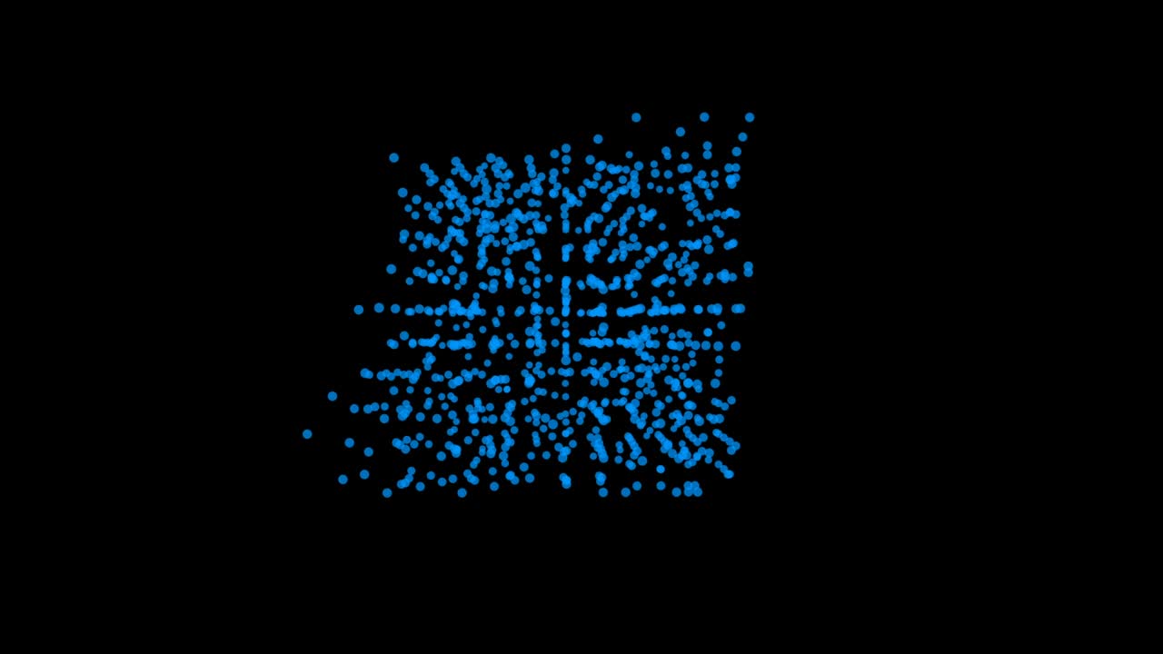 Animated blue cube consisting of many particles rotates endlessly on a black background.
