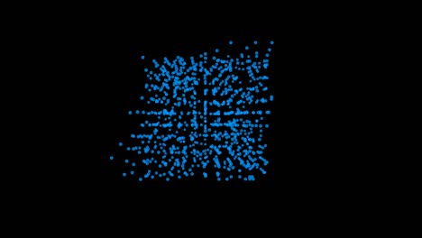 animated blue cube consisting of many particles rotates endlessly on a black background.