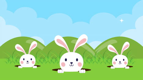 feliz pascua tarjeta animada con conejos en el campamento