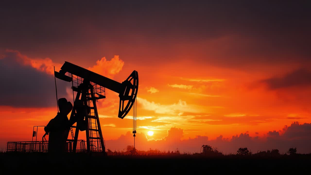 Una impresionante puesta de sol sobre la silueta de un balancín petrolero, capturando la belleza de la naturaleza y la industria entrelazadas en un despliegue vibrante de cielos coloridos al anochecer