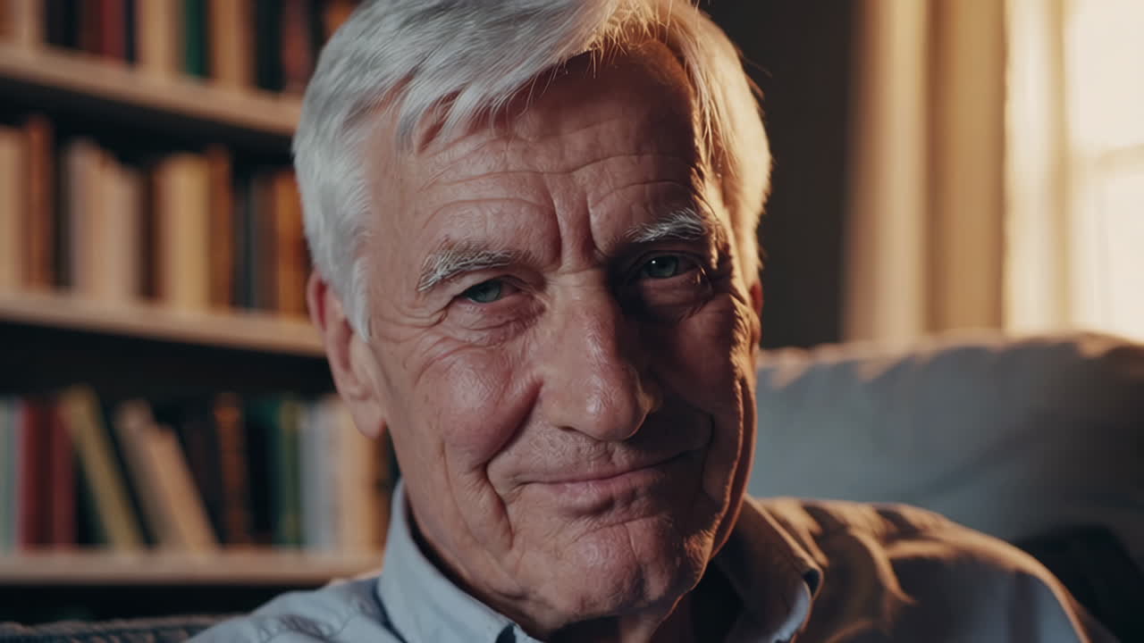 Close-up Portrait of a Smiling Elderly Man at Home