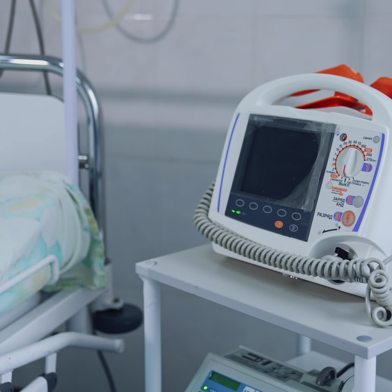 Necessary medical equipment in reanimative room. Modern ward with medical equipment. Medical technology for saving patient's life