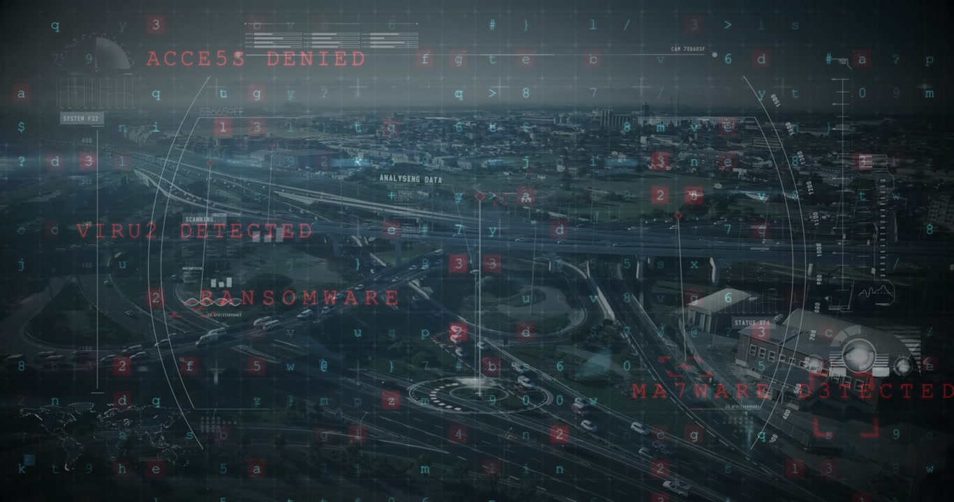 Animation of scanning warning over data processing and cityscape