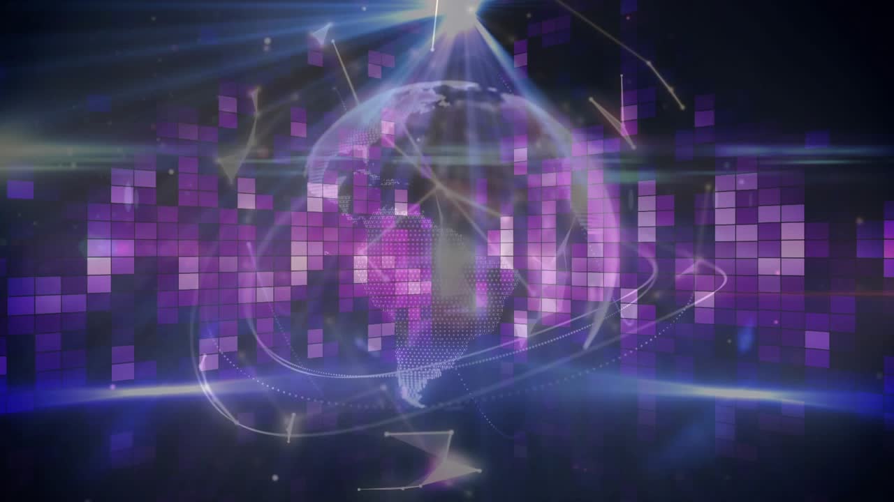 Dotted digital globe rotating after spotlight brightening, forming orbiting nodes to show network