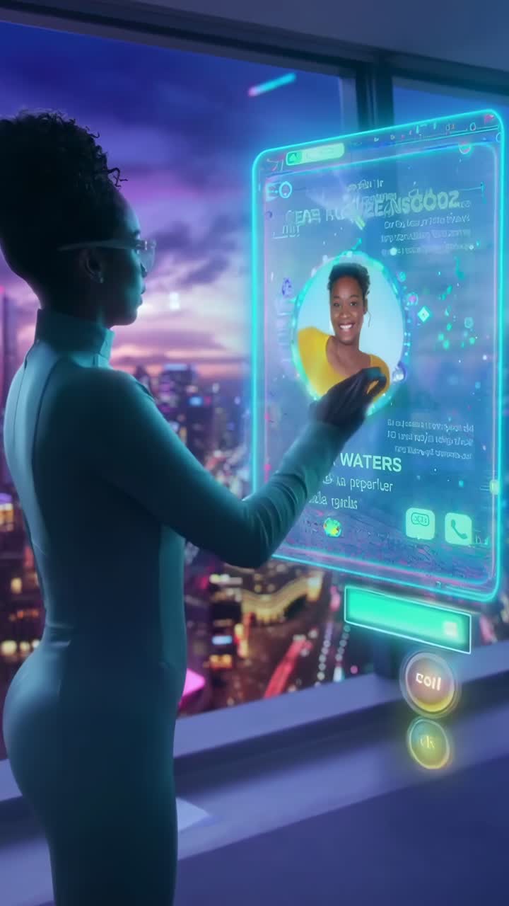 Futuristic video concept with a side angle of a woman interacting with virtual screens
