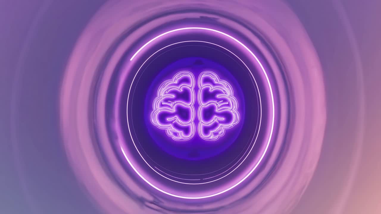 Animazione astratta di un cervello al neon con anelli luminosi e colorati.