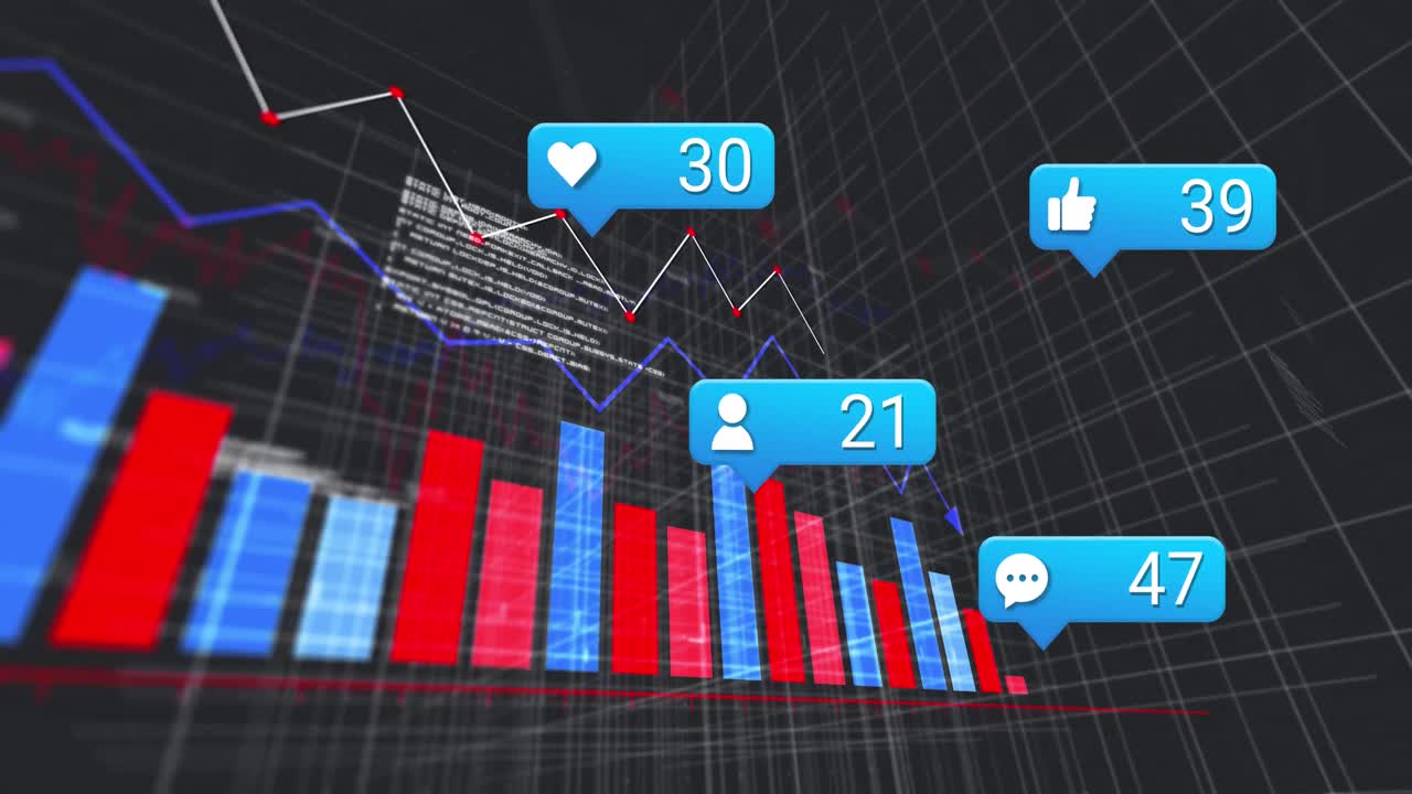 animación de iconos y números cambiantes en cajas de mensajes sobre gráficos y lenguaje informático