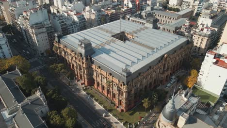 aerial pan left flying over the palace of running waters, a national historical monument of buenos aires