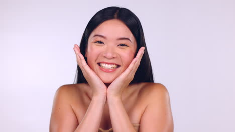 피부 관리, 얼굴 및 아름다움 아시아 여성의 미소
